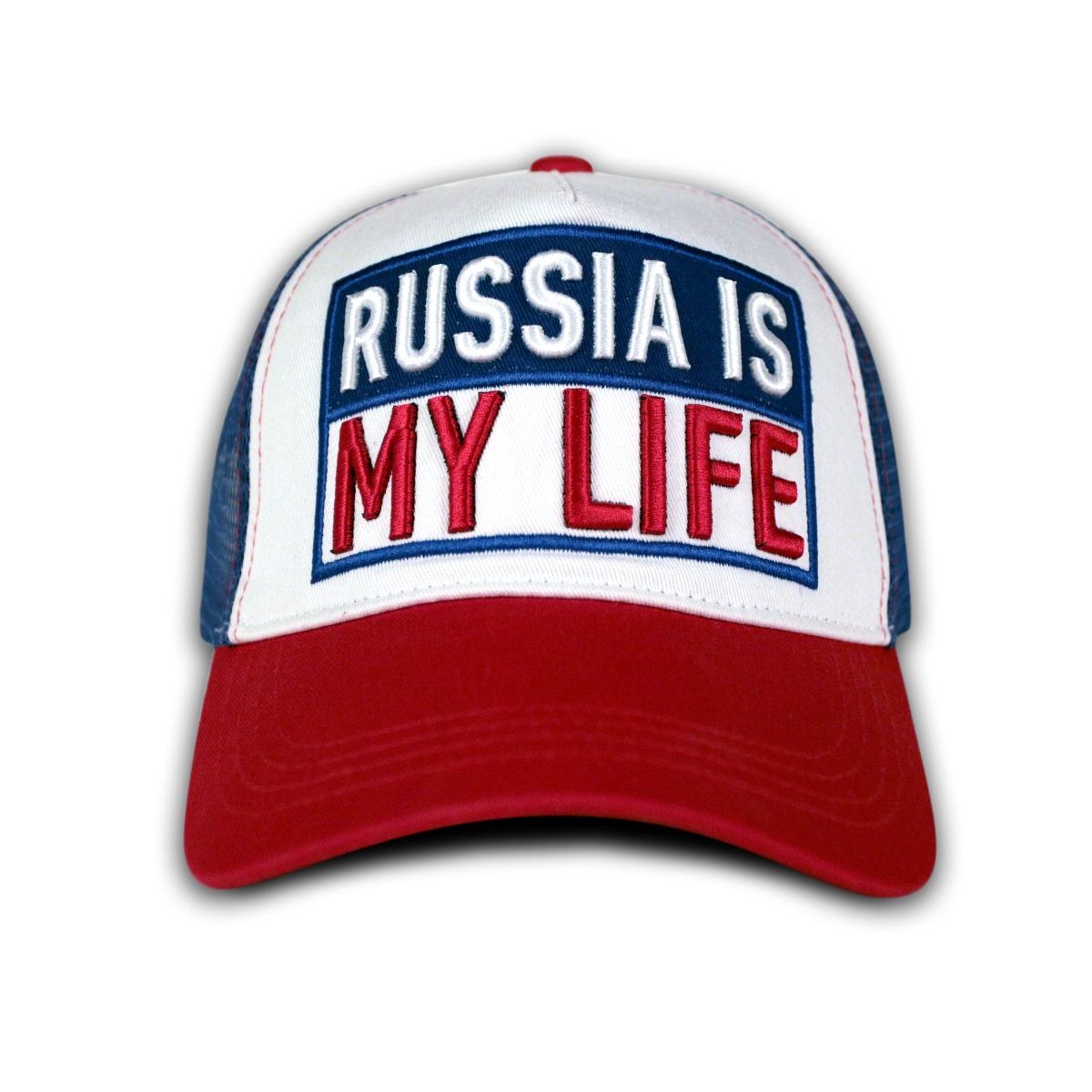 Бейсболка сетчатая RUSSIA IS MY LIFE — Белая с синим
