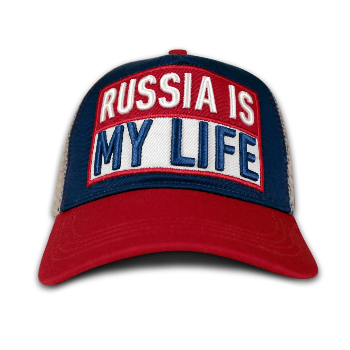 Бейсболка сетчатая RUSSIA IS MY LIFE — Синяя с белым